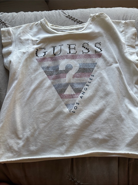 Guess Tops - Guess White Short Sleeve Tee with Pink & Blue Triangle Logo